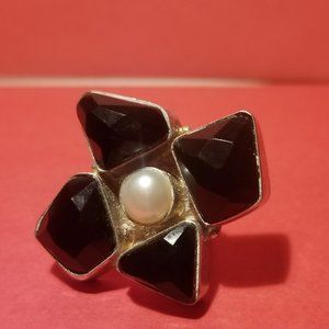 Stunning MABE Pearl/Black Onyx in .925 Silver size 6 Ring (Vintage Showstopper)